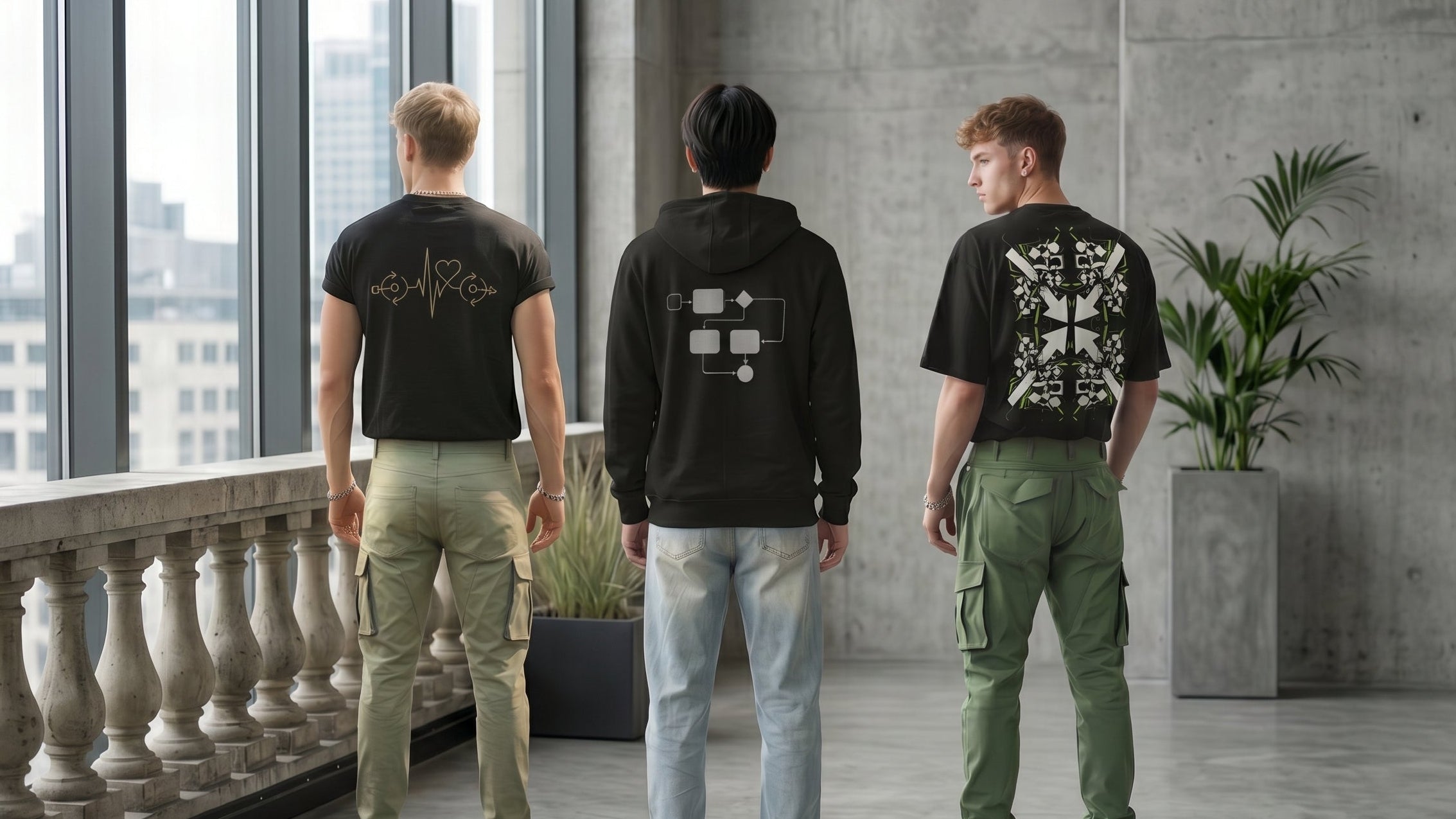 Three people wearing black hoodies and t-shirts with unique designs in a modern indoor setting.