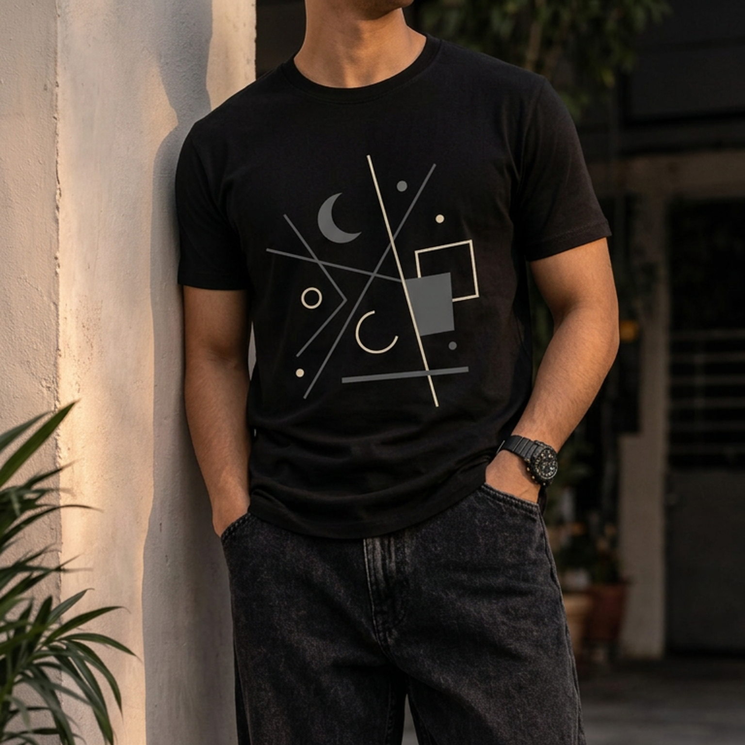 Person wearing a black t-shirt with geometric design against a neutral background