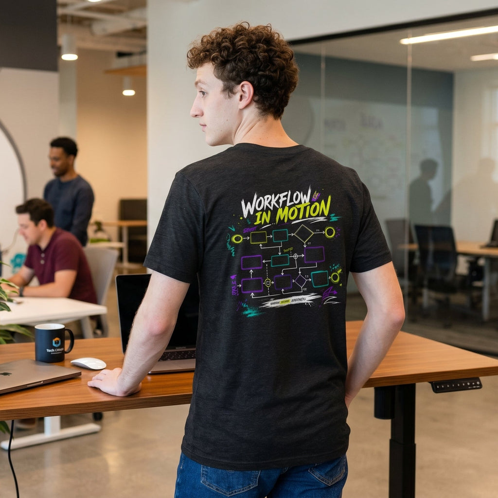 Person wearing a black t-shirt with 'Workforce in Motion' design in an office setting.